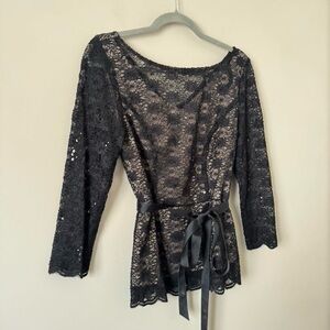 Vintage Black Lace Top with Ribbon Tie Small